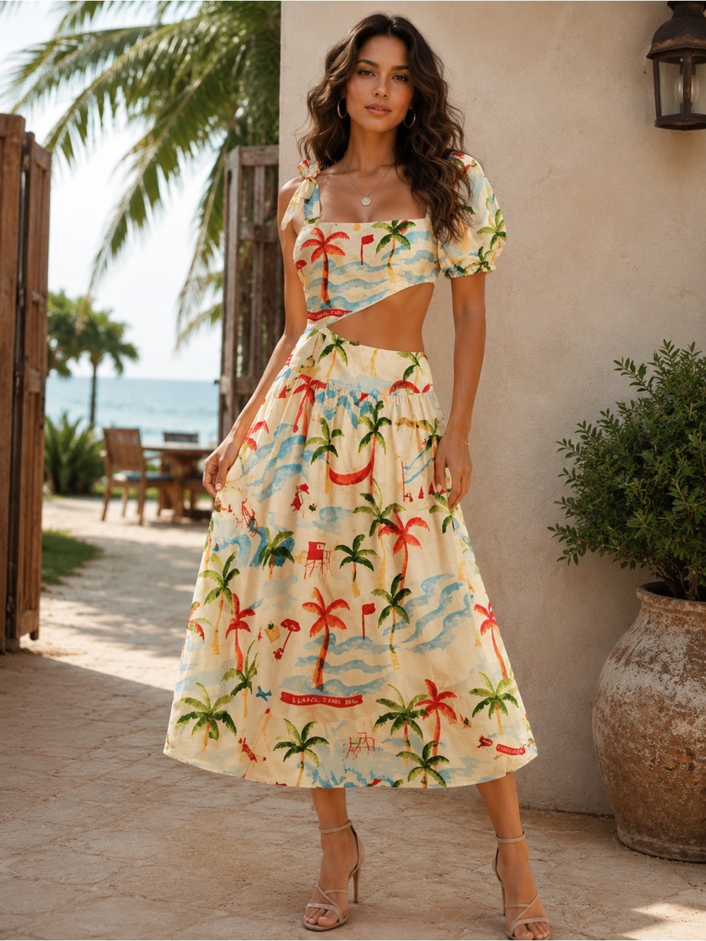 Farm Rio Copacabana Midi Dress Linen Blend Square Neck Size L NWT